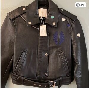 Maje bicoeur Leather Jacket with Unique embroidery